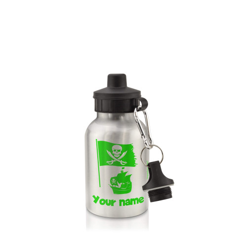 in Silver (400ml) with Screw Cap (Pirate Flag Icon) Bright Green (Optional Personalised Gift Text)