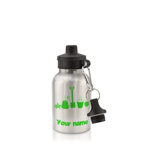 in Silver (400ml) with Screw Cap (Bucket & Spade Icon) Bright Green (Optional Personalised Gift Text)