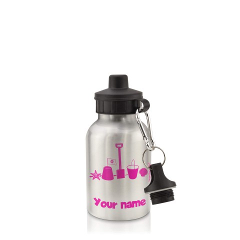 in Silver (400ml) with Screw Cap (Bucket & Spade Icon) Fuchsia Pink (Optional Personalised Gift Text)