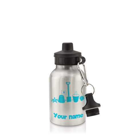 in Silver (400ml) with Screw Cap (Bucket & Spade Icon) Sky Blue (Optional Personalised Gift Text)