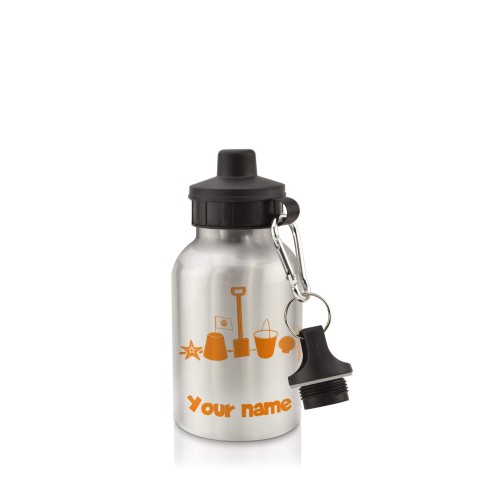 in Silver (400ml) with Screw Cap (Bucket & Spade Icon) Orange (Optional Personalised Gift Text)