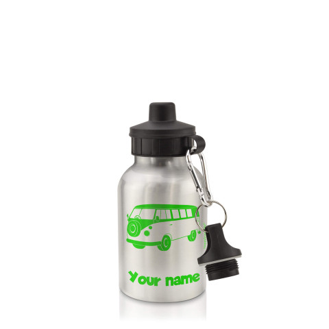 in Silver (400ml) with Screw Cap (Camper Van Icon) Bright Green (Optional Personalised Gift Text)