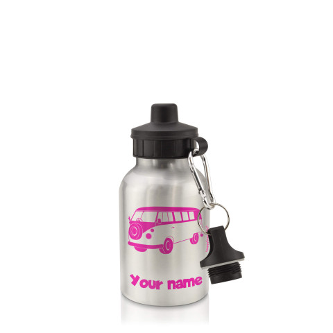 in Silver (400ml) with Screw Cap (Camper Van Icon) Fuchsia Pink (Optional Personalised Gift Text)