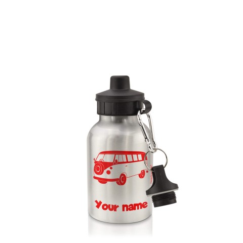in Silver (400ml) with Screw Cap (Camper Van Icon) Red (Optional Personalised Gift Text)