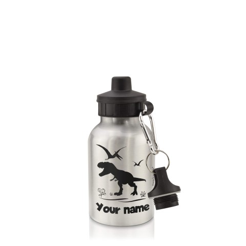 in Silver (400ml) with Screw Cap with Dinosaur Icon Black (Optional Personalised Gift Text)