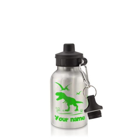 in Silver (400ml) with Screw Cap with Dinosaur Icon Bright Green (Optional Personalised Gift Text)