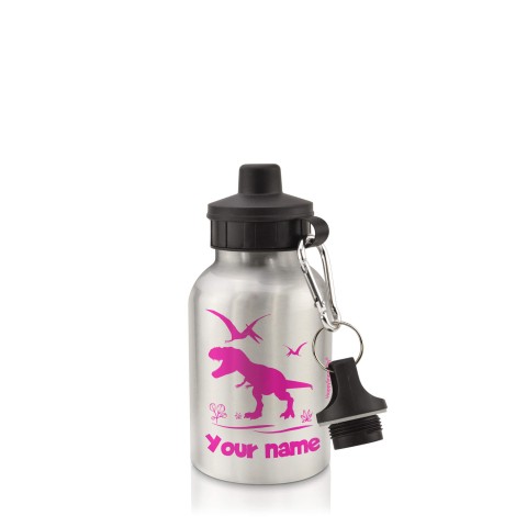 in Silver (400ml) with Screw Cap with Dinosaur Icon Fuchsia Pink (Optional Personalised Gift Text)