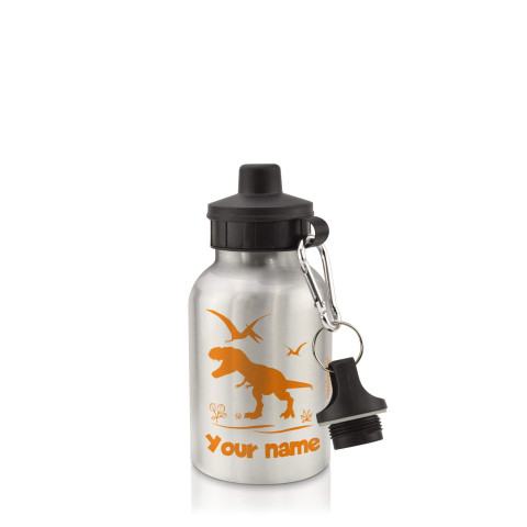 in Silver (400ml) with Screw Cap with Dinosaur Icon Orange (Optional Personalised Gift Text)