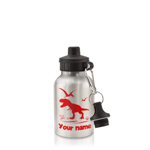 in Silver (400ml) with Screw Cap with Dinosaur Icon Red (Optional Personalised Gift Text)