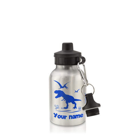 in Silver (400ml) with Screw Cap with Dinosaur Icon Royal Blue (Optional Personalised Gift Text)