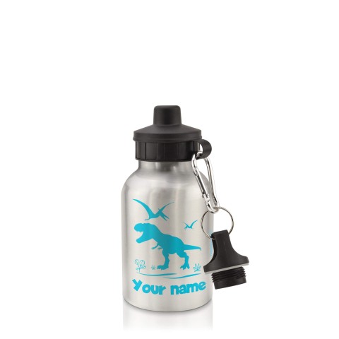 in Silver (400ml) with Screw Cap with Dinosaur Icon Sky Blue (Optional Personalised Gift Text)