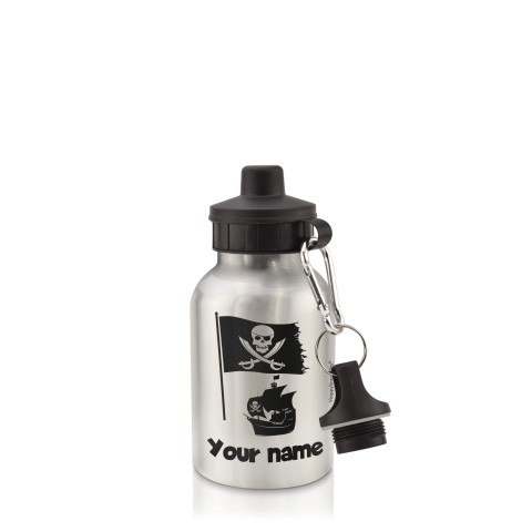 in Silver (400ml) with Screw Cap (Pirate Flag Icon) Black (Optional Personalised Gift Text)