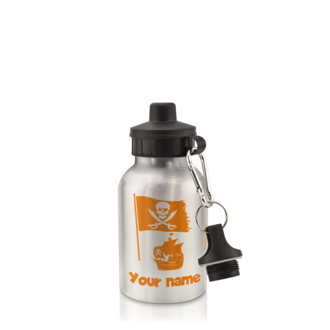 in Silver (400ml) with Screw Cap (Pirate Flag Icon) Orange (Optional Personalised Gift Text)