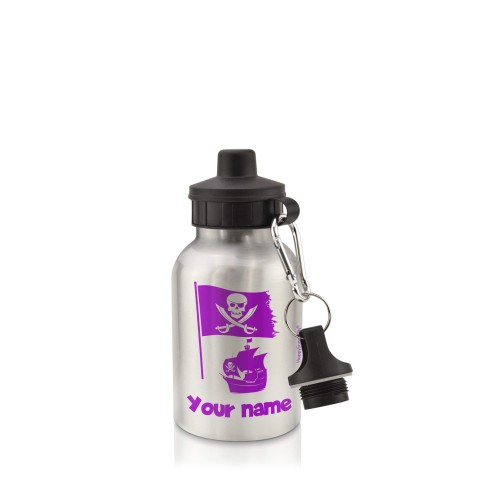 in Silver (400ml) with Screw Cap (Pirate Flag Icon) Purple (Optional Personalised Gift Text)