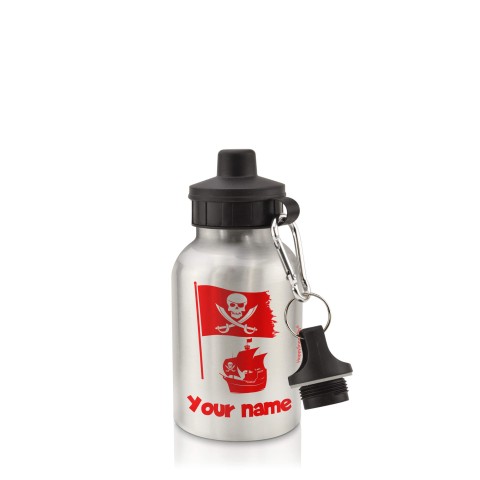 in Silver (400ml) with Screw Cap (Pirate Flag Icon) Red (Optional Personalised Gift Text)