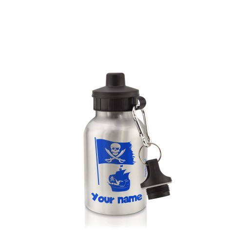 in Silver (400ml) with Screw Cap (Pirate Flag Icon) Royal Blue (Optional Personalised Gift Text)