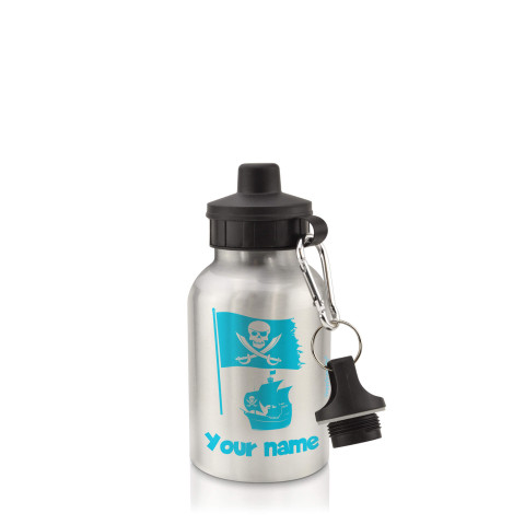 in Silver (400ml) with Screw Cap (Pirate Flag Icon) Sky Blue (Optional Personalised Gift Text)