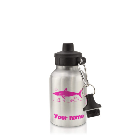 in Silver (400ml) with Screw Cap (Shark Icon) Fuchsia Pink (Optional Personalised Gift Text)