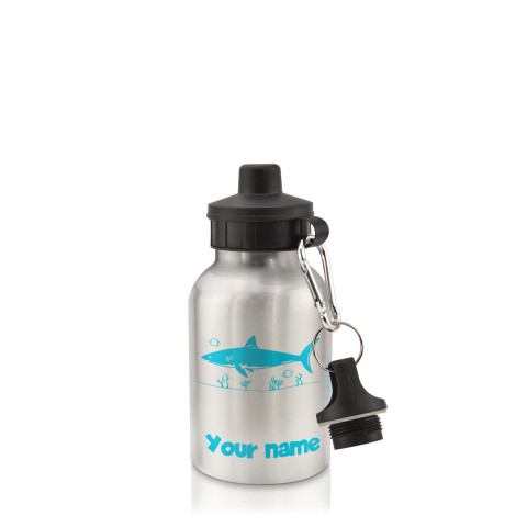 in Silver (400ml) with Screw Cap (Shark Icon) Sky Blue (Optional Personalised Gift Text)