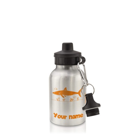 in Silver (400ml) with Screw Cap (Shark Icon) Orange (Optional Personalised Gift Text)