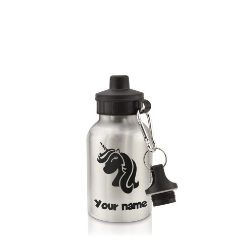 in Silver (400ml) with Screw Cap (Unicorn Icon) Black (Optional Personalised Gift Text)