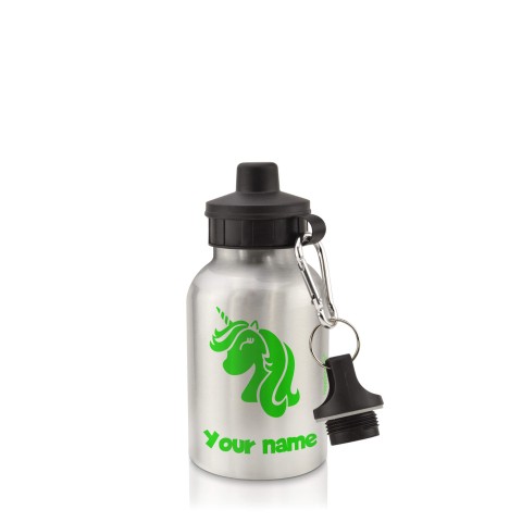 in Silver (400ml) with Screw Cap (Unicorn Icon) Bright Green (Optional Personalised Gift Text)