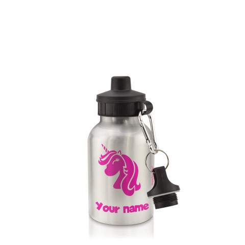 in Silver (400ml) with Screw Cap (Unicorn Icon) Fuchsia Pink (Optional Personalised Gift Text)