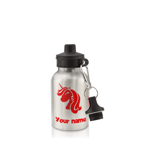 in Silver (400ml) with Screw Cap (Unicorn Icon) Red (Optional Personalised Gift Text)