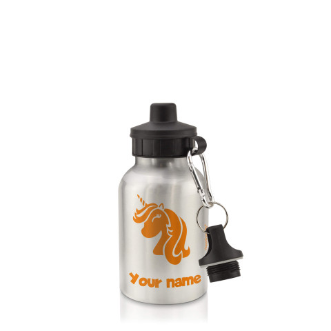 in Silver (400ml) with Screw Cap (Unicorn Icon) Orange (Optional Personalised Gift Text)