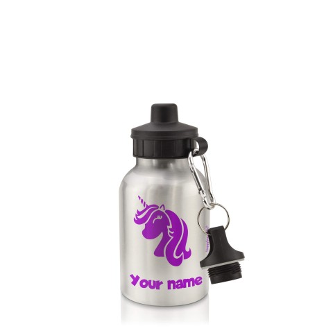 in Silver (400ml) with Screw Cap (Unicorn Icon) Purple (Optional Personalised Gift Text)