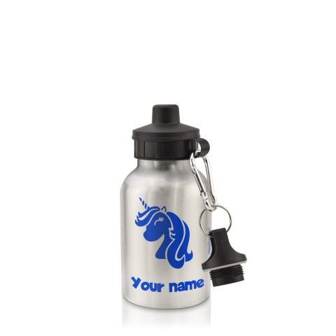 in Silver (400ml) with Screw Cap (Unicorn Icon) Royal Blue (Optional Personalised Gift Text)