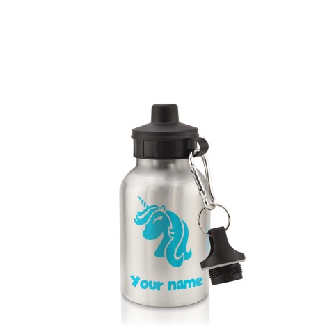 in Silver (400ml) with Screw Cap (Unicorn Icon) Sky Blue (Optional Personalised Gift Text)