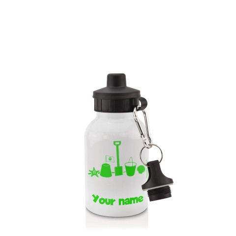 in White (400ml) with Screw Cap (Bucket & Spade Icon) Bright Green (Optional Personalised Gift Text)