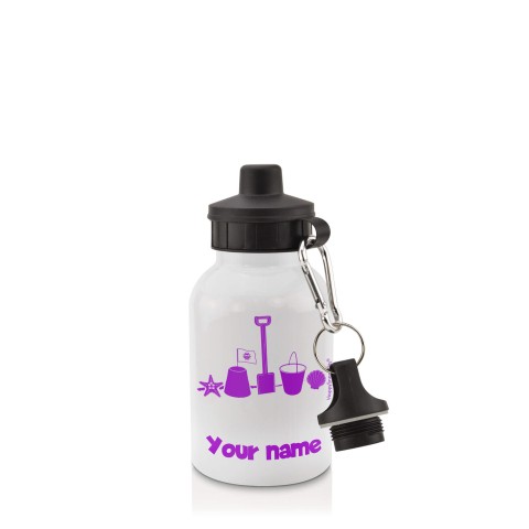 in White (400ml) with Screw Cap (Bucket & Spade Icon) Purple (Optional Personalised Gift Text)