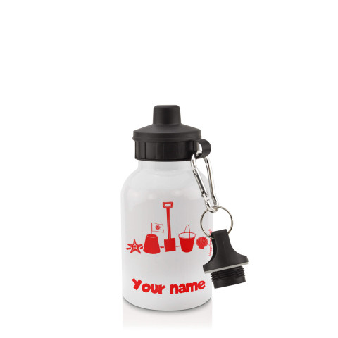 in White (400ml) with Screw Cap (Bucket & Spade Icon) Red (Optional Personalised Gift Text)