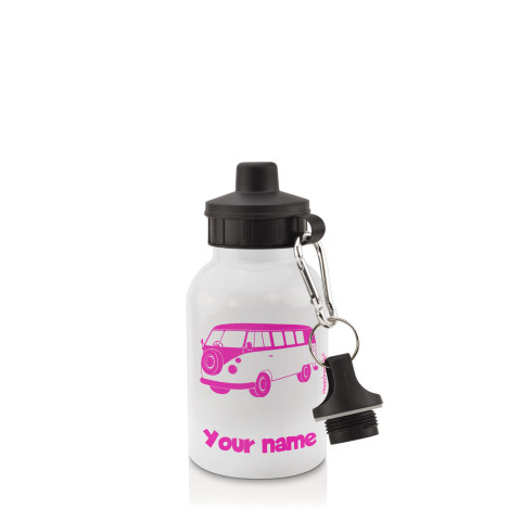 in White (400ml) with Screw Cap (Camper Van Icon) Fuchsia Pink (Optional Personalised Gift Text)