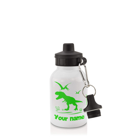 in White (400ml) with Screw Cap with Dinosaur Icon Bright Green (Optional Personalised Gift Text)