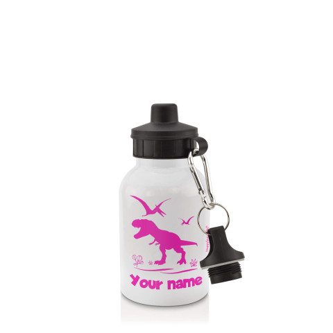 in White (400ml) with Screw Cap with Dinosaur Icon Fuchsia Pink (Optional Personalised Gift Text)