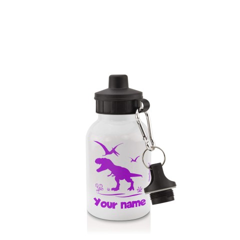 in White (400ml) with Screw Cap with Dinosaur Icon Purple (Optional Personalised Gift Text)