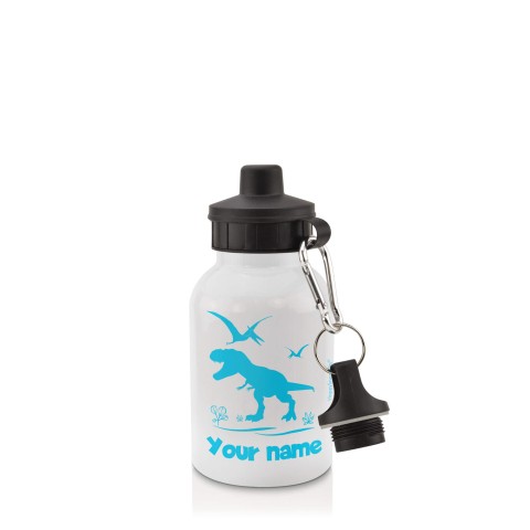 in White (400ml) with Screw Cap with Dinosaur Icon Sky Blue (Optional Personalised Gift Text)