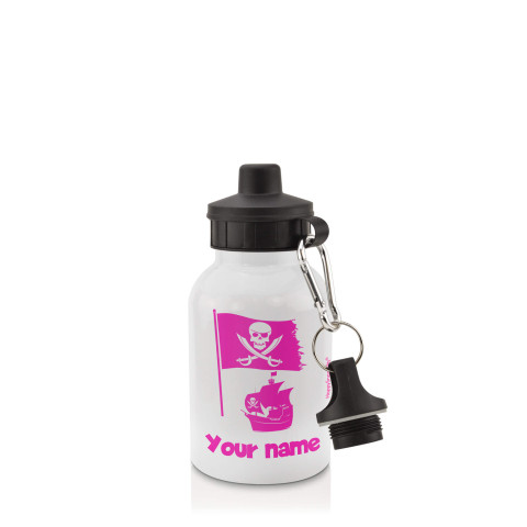 in White (400ml) with Screw Cap (Pirate Flag Icon) Fuchsia Pink (Optional Personalised Gift Text)