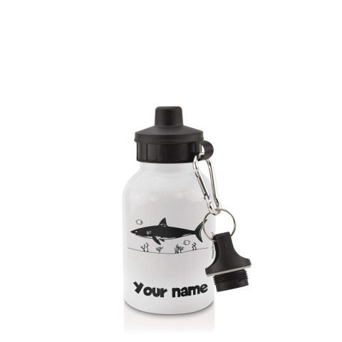in White (400ml) with Screw Cap (Shark Icon) Black (Optional Personalised Gift Text)