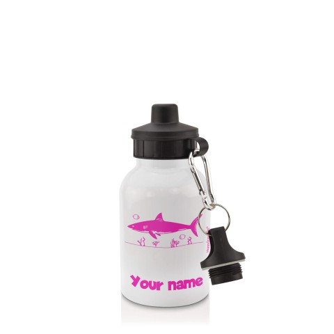 in White (400ml) with Screw Cap (Shark Icon) Fuchsia Pink (Optional Personalised Gift Text)