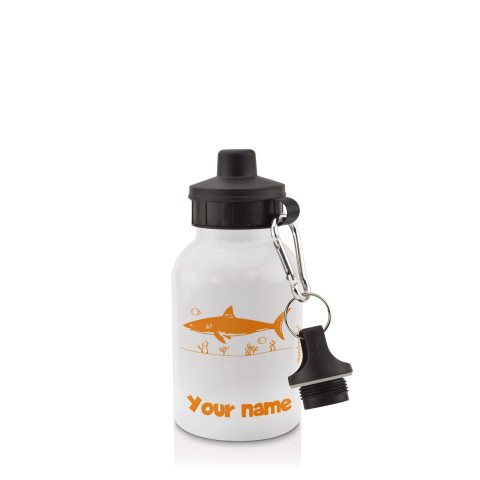 in White (400ml) with Screw Cap (Shark Icon) Orange (Optional Personalised Gift Text)
