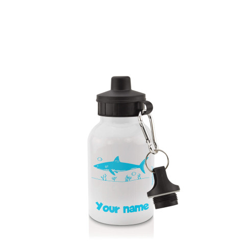in White (400ml) with Screw Cap (Shark Icon) Sky Blue (Optional Personalised Gift Text)