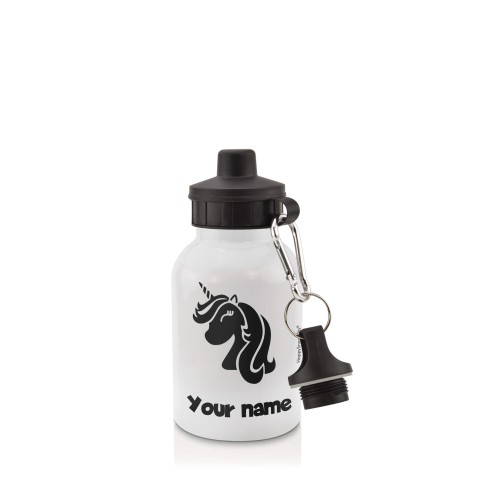 in White (400ml) with Screw Cap (Unicorn Icon) Black (Optional Personalised Gift Text)