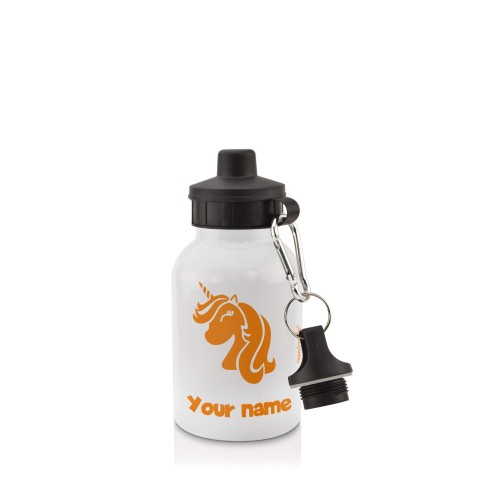 in White (400ml) with Screw Cap (Unicorn Icon) Orange (Optional Personalised Gift Text)