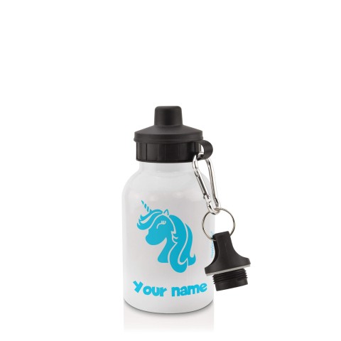in White (400ml) with Screw Cap (Unicorn Icon) Sky Blue (Optional Personalised Gift Text)