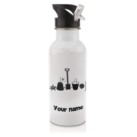 in White (600ml) with Drinking Straw (Bucket & Spade Icon) Black (Optional Personalised Gift Text)