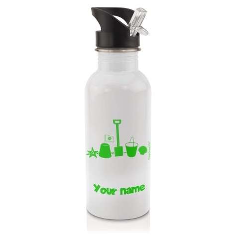 in White (600ml) with Drinking Straw (Bucket & Spade Icon) Bright Green (Optional Personalised Gift Text)